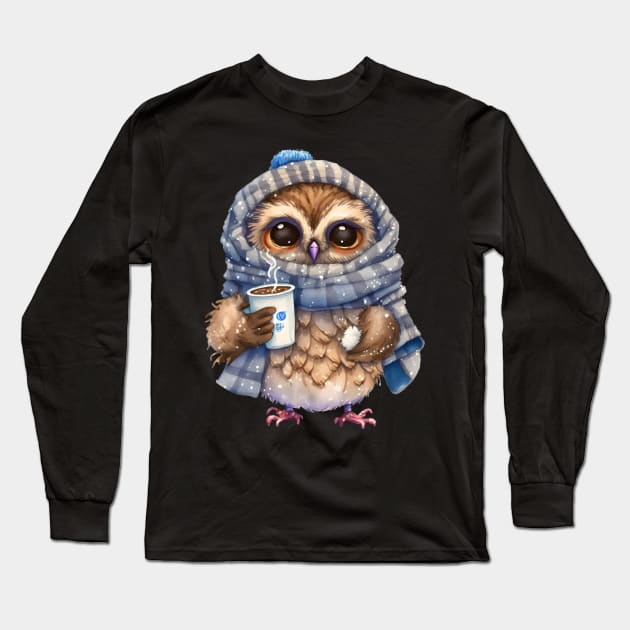 Chibi Owl Drinking Hot Chocolate cute christmas snow design series 1 Long Sleeve T-Shirt by Mi Styles